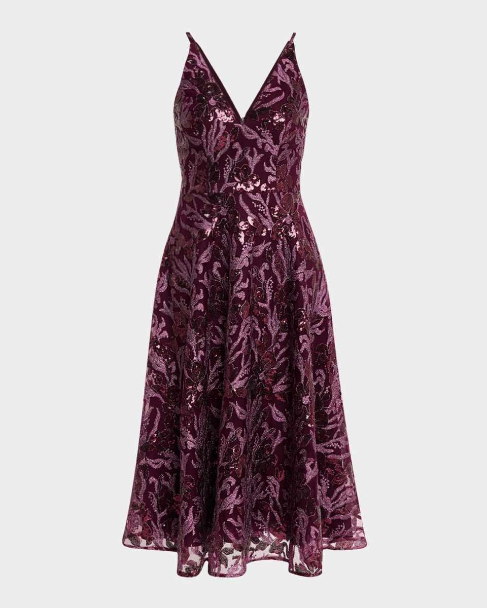 Elisa Sequin Floral Applique Midi Dress